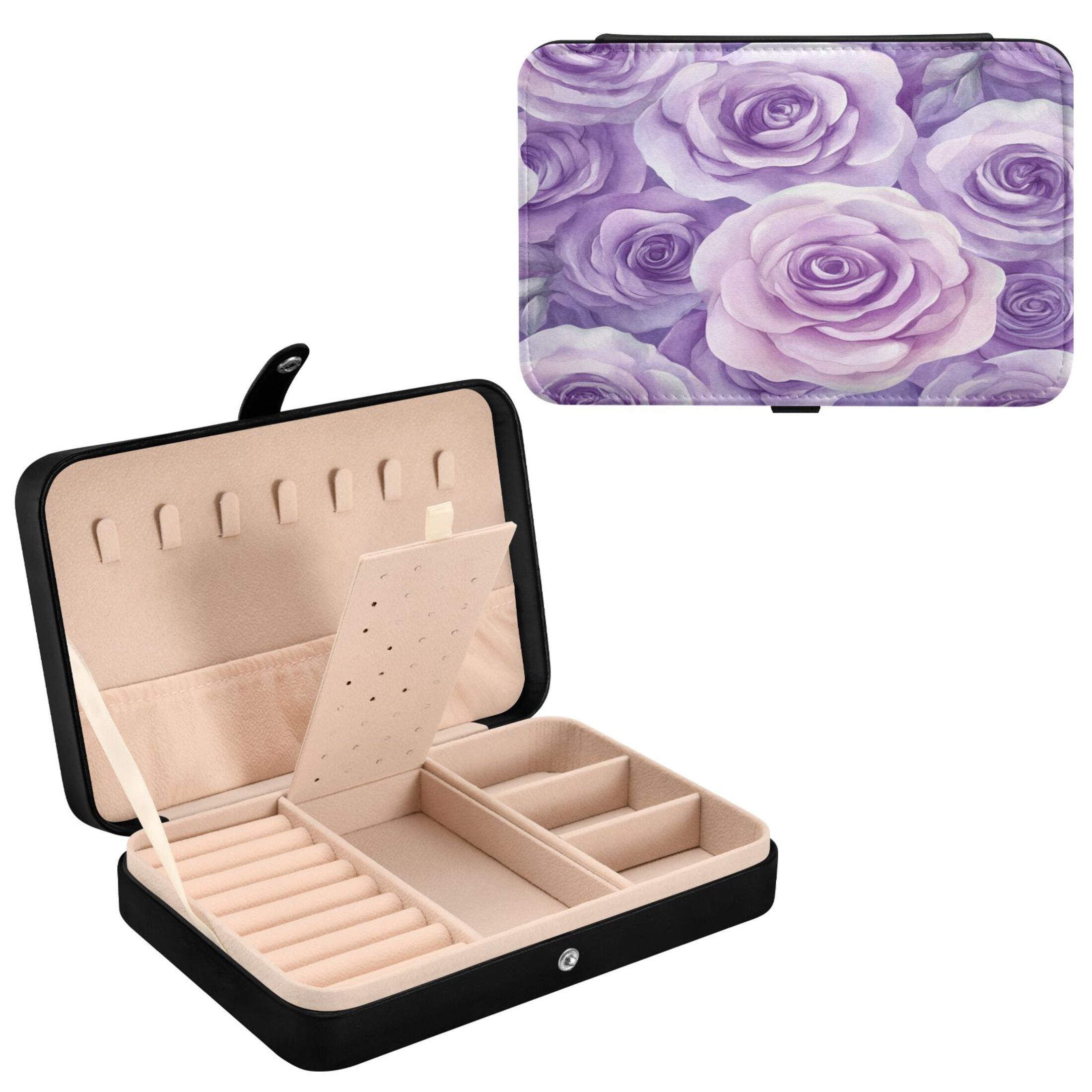 Leather Jewelry Box Rectangular 8.27x5.5x1.78In Travel Jewelry Storage Earrings Necklace Bracelet Watch Brooch Storage Purple Roses
