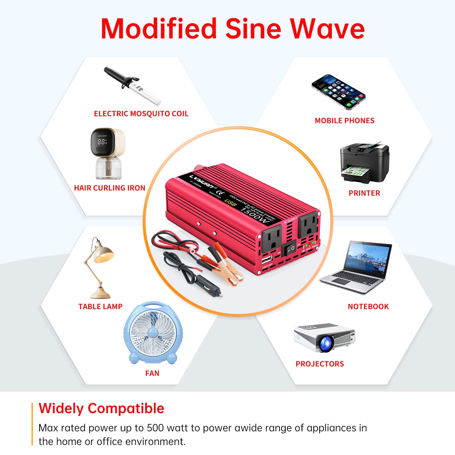 LVYUAN 1500 Watts Peak Power Inverter Car Converter Adapter USB Charger Modified Sine Wave DC 12v to AC 110V Red