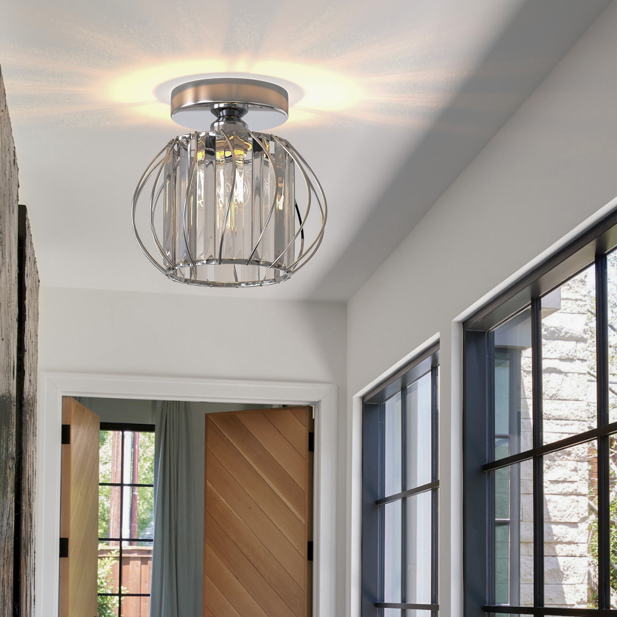 YANSUN 7 in 1 Light Silver Modern Semi Flush Mount Ceiling Light with Crystal Shade for Foyer, Bedroom, Dining Room, and Closets Lighting
