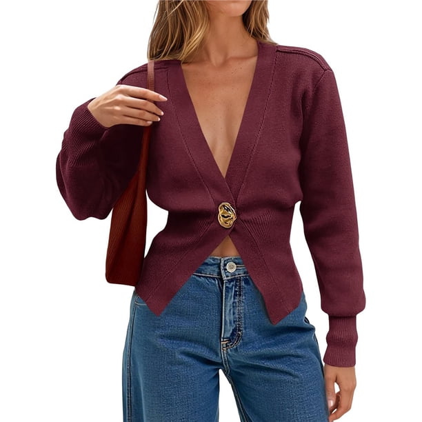 Cárdigan de Punto para Mujer, Suéter de Larga con Cuello en V y una Sola Hoja, Ropa de Abrigo con Botones Vino Tinto L
