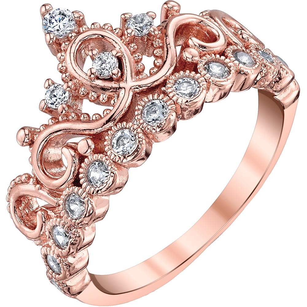 SUNDAY ROSE Womens Crown Ring 925 Silver Princess Heart Tiara Eternity Ring 