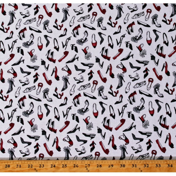 Cotton Shoes High Heels Style Fashion Black and Red on White Cotton Fabric Print by the Yard (GAIL-CD1318-WHITE)
