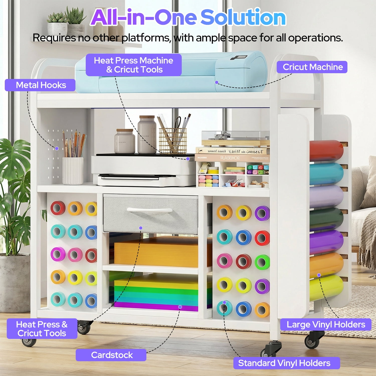 Craft Storage Organizer Cart with Wheels, Rolling Craft Table Workstation Compatible with Cricut Machine, Vinyl Roll Holder & Hooks Up, All-in-One Crafting Cabinet Cutting Stand for Supplies, Tools
