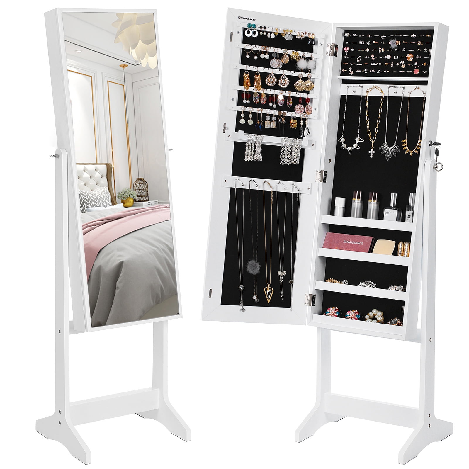 SONGMICS Mirrored Jewelry Cabinet Armoire Standing Full Body Larger Mirror Jewelry Storage Box ...