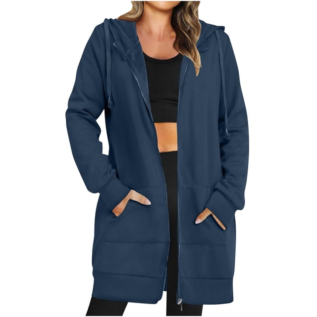MeetoTime Long Sweat à Capuche pour Femmes Veste Zippée Automne Décontractée en Polaire avec Poches