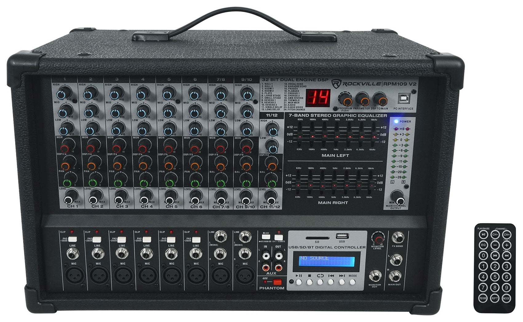 Rockville RPM109 12 Channel 4800w Powered Mixer , 7 Band EQ+8-Ch Snake Cable