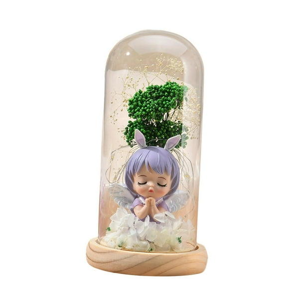 Regalos del día de San Valentín para su linda muñeca cubierta de cristal para el día de San Valentín con base de madera rústica para familiares amigos , Violeta Macarena Campana de cúpula de muñeca