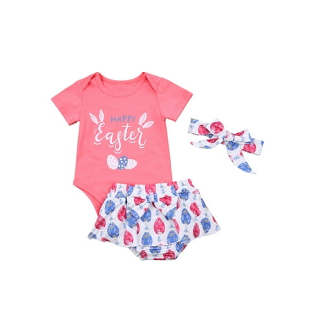 

BrilliantMe Baby Girls Egg Print Romper+Ruffle Shorts+Bow-knot Headband Outfits Pink 6-9 Months