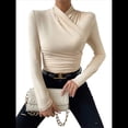 thumbnail image 3 of Camiseta de Larga con Cuello Alto Fruncido para Mujer, Camiseta y Ajustada Albaricoque S, 3 of 10