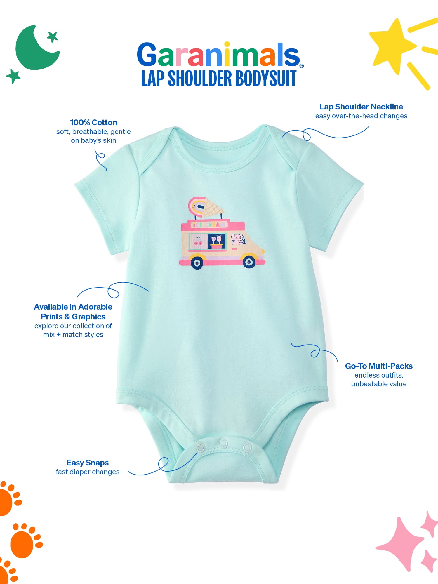 Garanimals Newborn & Baby Girl Cotton Lap-Shoulder Short-Sleeve Bodysuits, 4-Pack, Sizes 0–24M