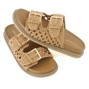 Cushionaire Weaver Summer Sandals for Women - Shiny Raffia Woven Slip On Womens Slides with Adjustable Buckle