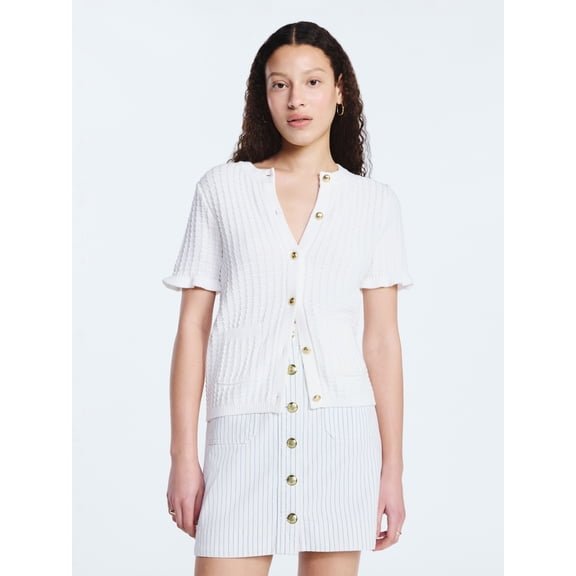 Free Assembly Women's Cotton Basketweave Cardigan Sweater with Short Ruffle Sleeves, Lightweight, Sizes XS-XXL