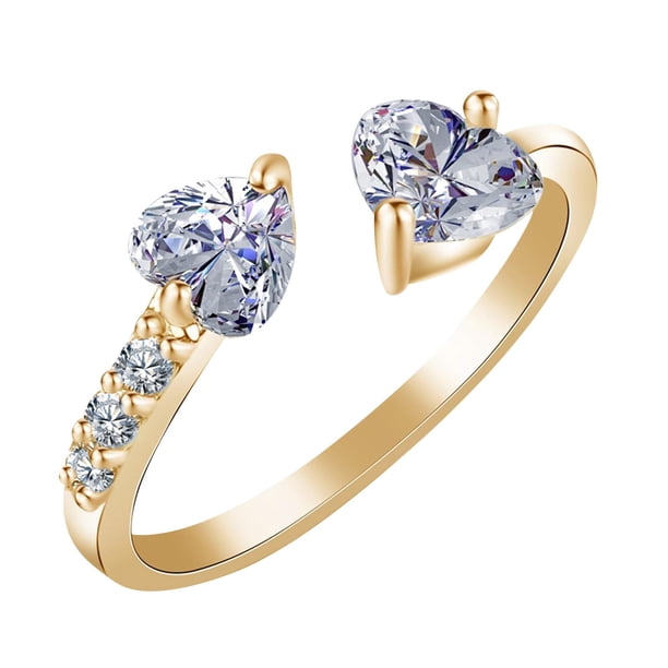 Anillo abierto de doble corazón con diamantes y circonitas para mujer