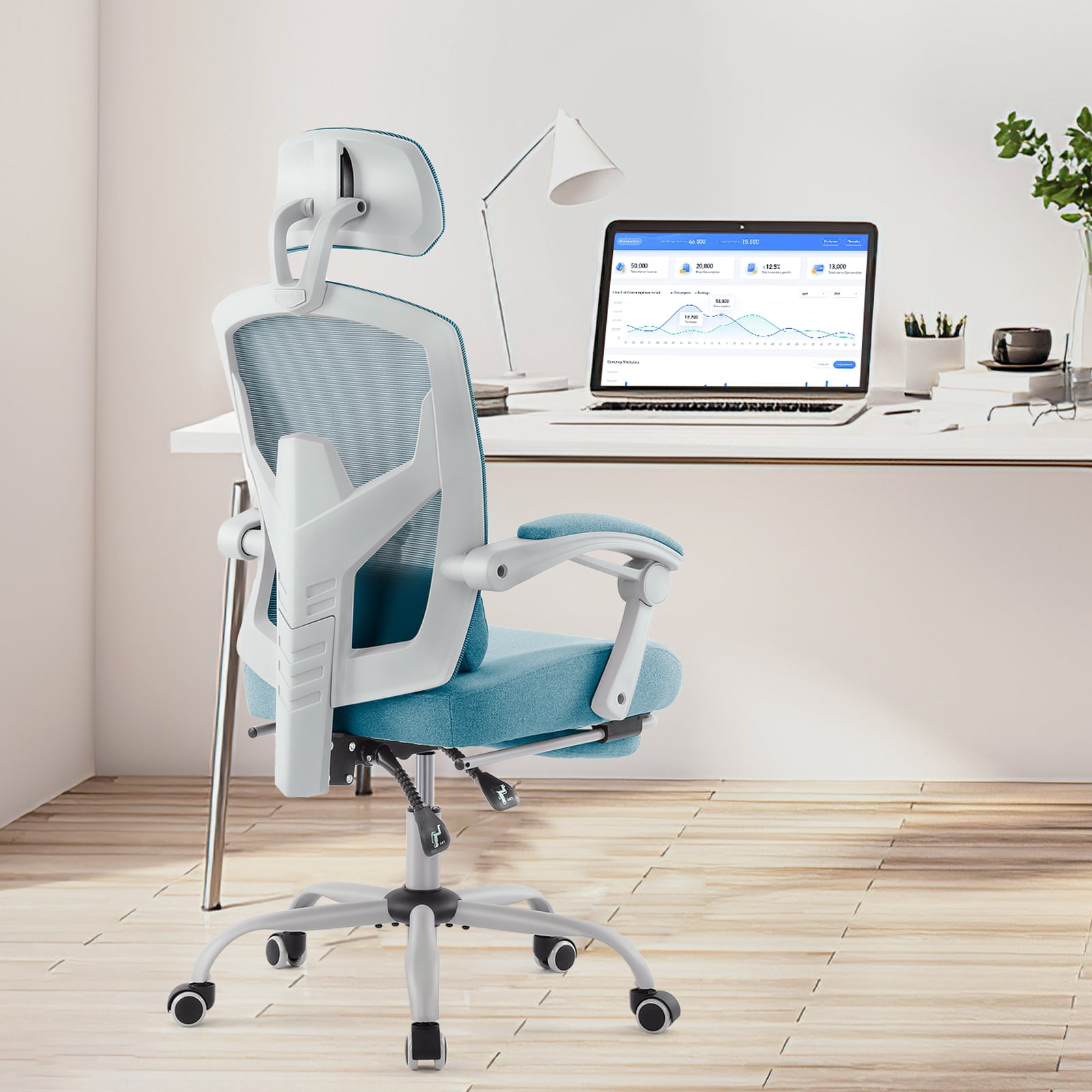 CONCETTA Ergonomic High-Back Mesh Office Chair with Footrest, Headrest, Lumbar Support, and Armrests, Reclining Computer Desk Chair on Wheels for Home Office Tasks, Blue