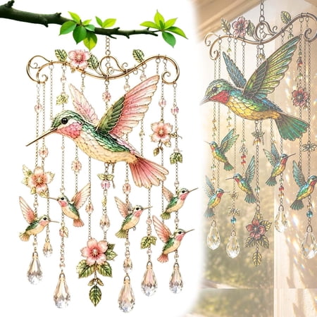 Graceful Hummingbird Wind Chime Stained Glass & Crystal Sun Catcher Windchimes for Outside Colorful Bird Yard Decorations Outdoor Memorial Gardening Gifts for Women Nature Lovers (c)