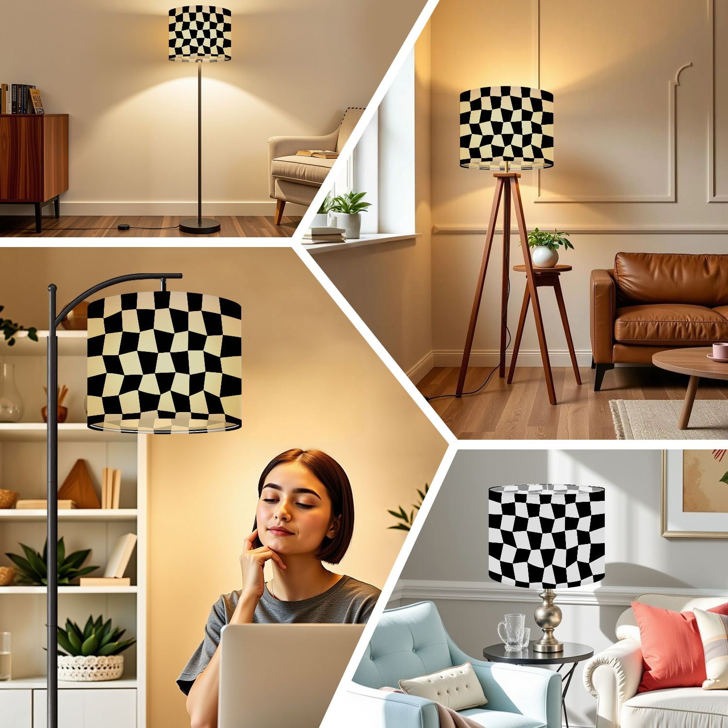 Linen Drum Lampshades Black White Checkered Seamless Endless Racing Flag Texture 13"x13"x10" Light Shade for Table Lamps Floor Lamps Drum Lamp Shades Lampshade Replacement Assembly Required