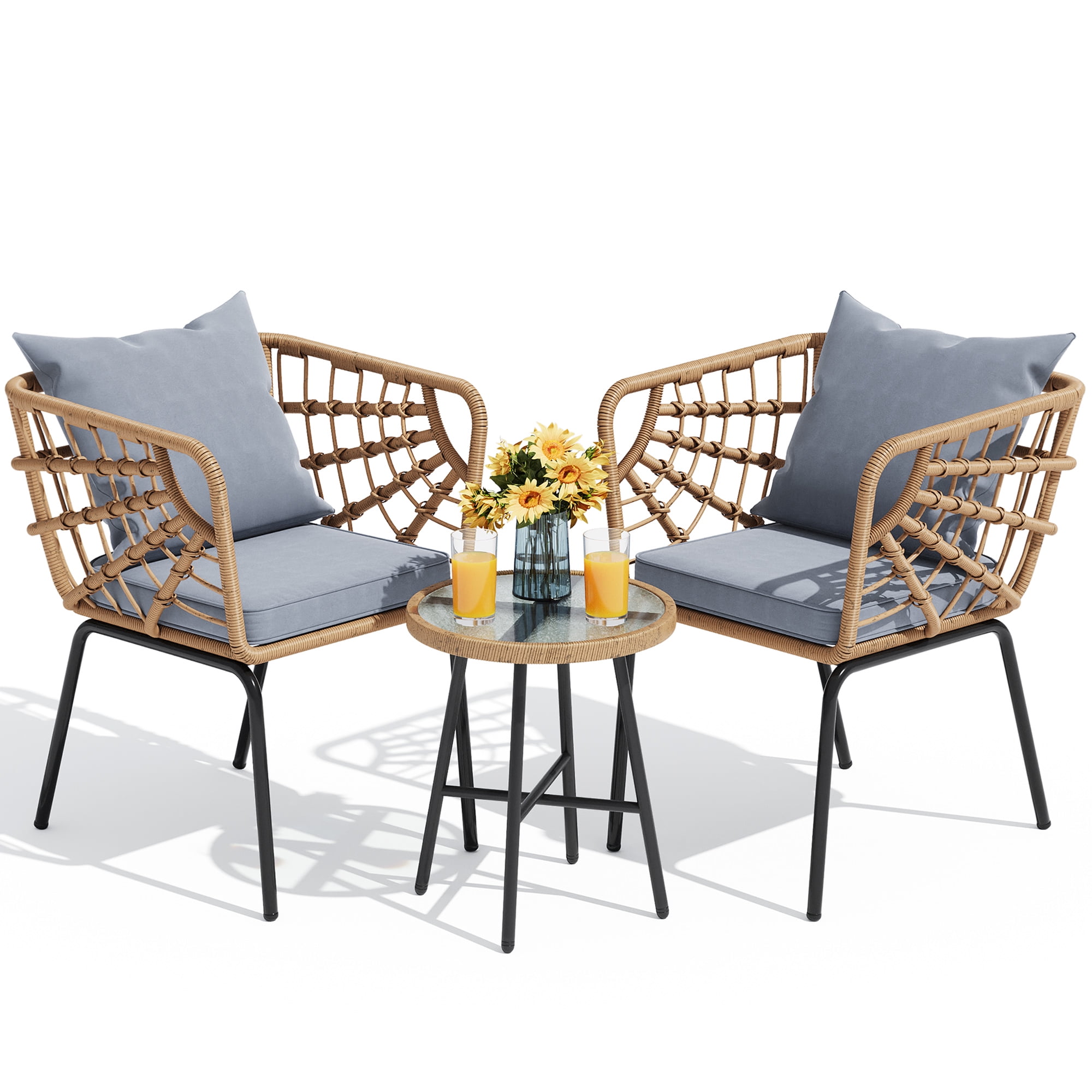 DEXTRUS 3-Piece Outdoor Patio Furniture Wicker Bistro Set With 2 Chairs and Coffee Table,Cushions and Lumbar Pillows for Porch, Backyard-Gray