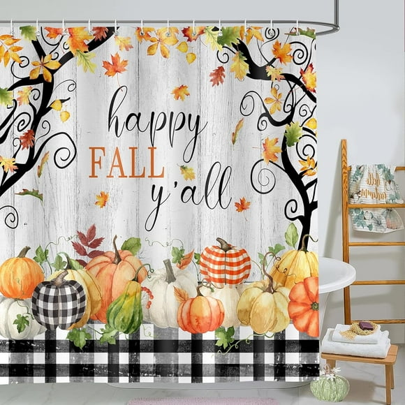 Happy Fall Shower Curtain, Farmhouse Maple Leaf Pumpkin Autumn Black White Plaid Wooden Art Printed Bathroom Decor, Waterproof Cloth Fabric Bath Curtain with Hooks 72 x 72 inch