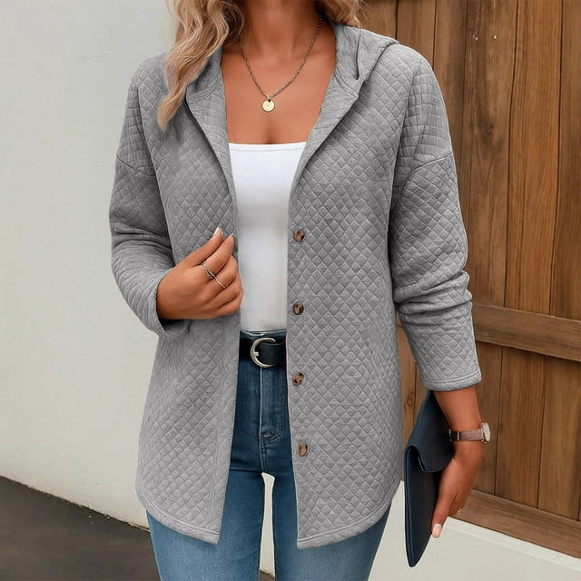 Cardigan à Capuche à Manches Longues pour Femme avec Boutons et Motif à Carreaux pour un Style Chic Décontracté