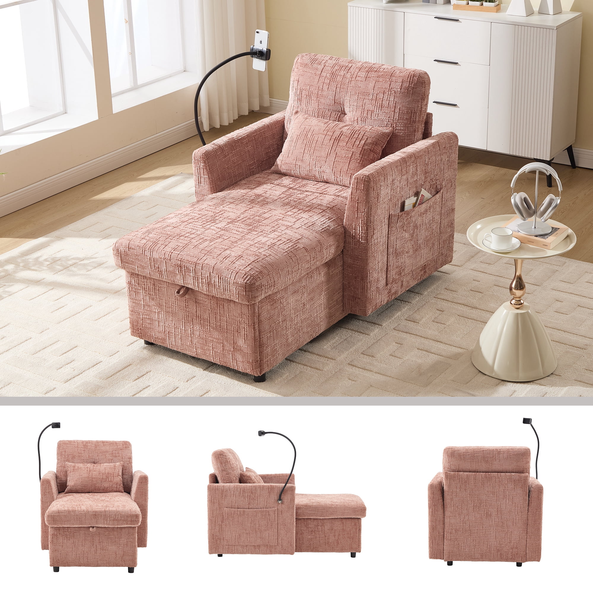 Aukfa Storage Chaise Lounge Single Sofa with Phone Holder and Pillow for Living Room Bedroom, Chenille, Pink