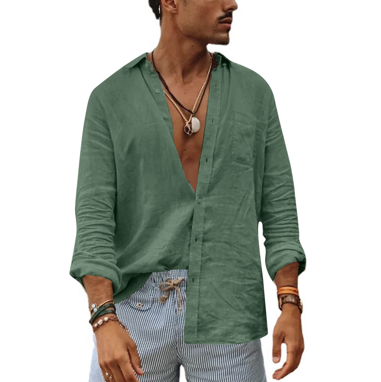 Mens Casual Cotton Linen Shirt Long Sleeve Loose Blouse Button Down Shirts Tops