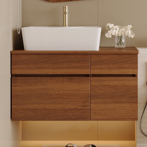 31.5 Inch Floating Bathroom Vanity with Vessel Sink, Wall Mounted Modern Vanity with Soft Close Drawer, 2 Cabinet Doors, Solid Wood Top for Small Bathroom Space Saving, White and Walnut