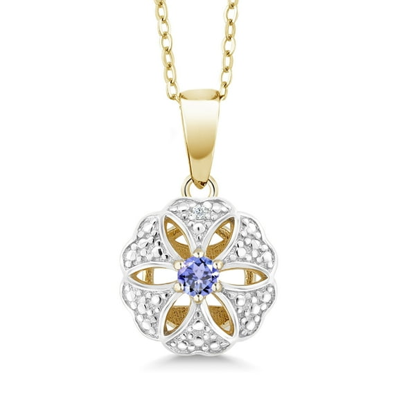 Gem Stone King 0.16 Ct Blue Tanzanite White Diamond 18K 2-Tone Gold Plated Silver Pendant with Chain