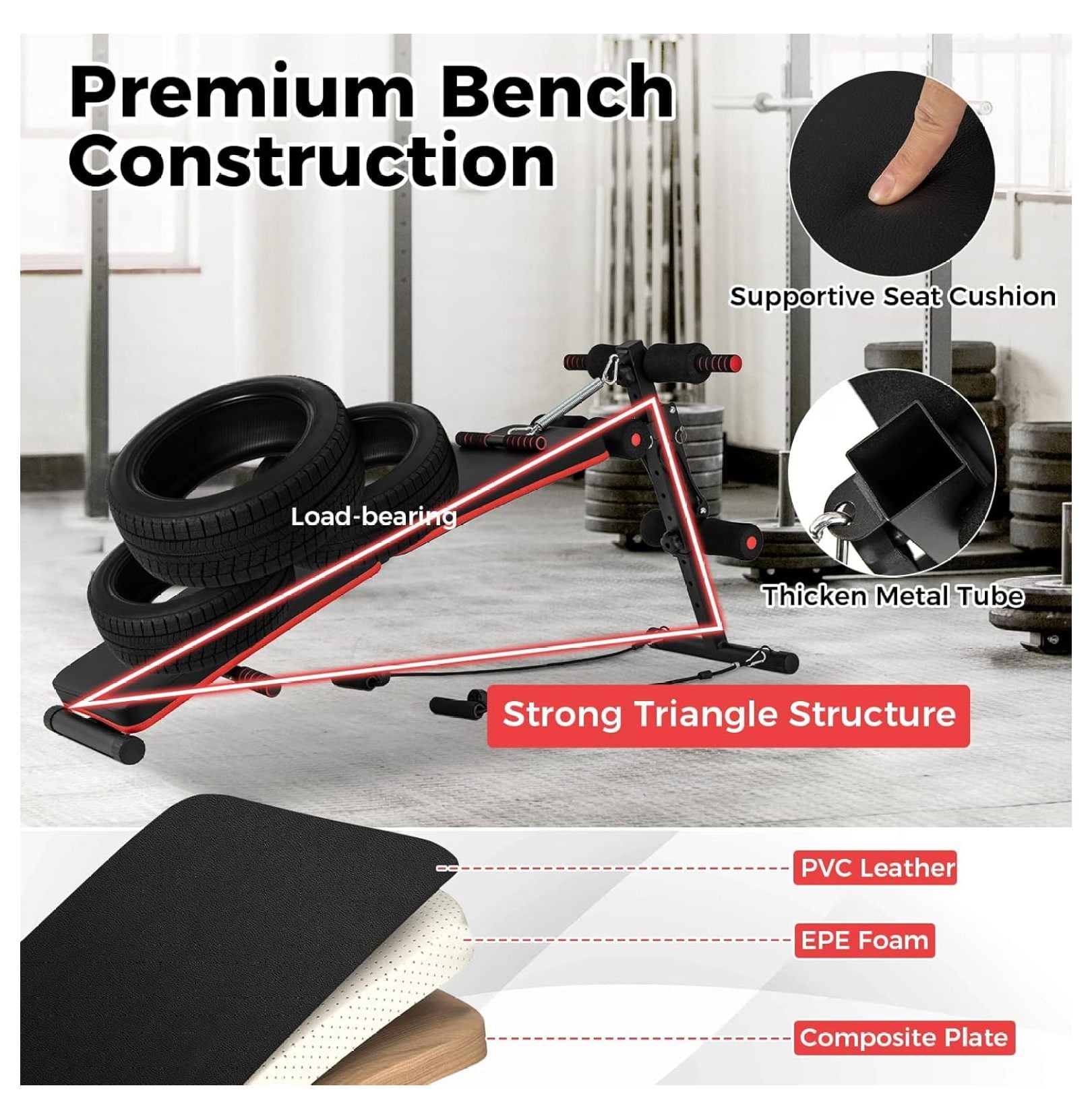 Sit Up Bench 330lbs, Folding Decline Workout Bench with Spring Handle & Elastic Ropes, Adjustable Height Incline for Abdominal & Strength Training