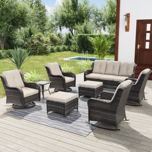 MeetLeisure 8 Pieces Outdoor Furniture Patio Furniture Set with One 3-Seat Sofa, Two Swivel Rocking Chairs,Two Rocking Chairs, Two Ottomans,One Side Table, Beige