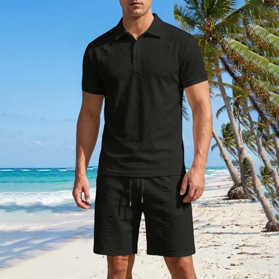 SOOMLON Mens Beach Outfits Sets Big and Tall Short Sleeve Collared Shirts Drawstring Shorts Lightweight Two Piece Sets