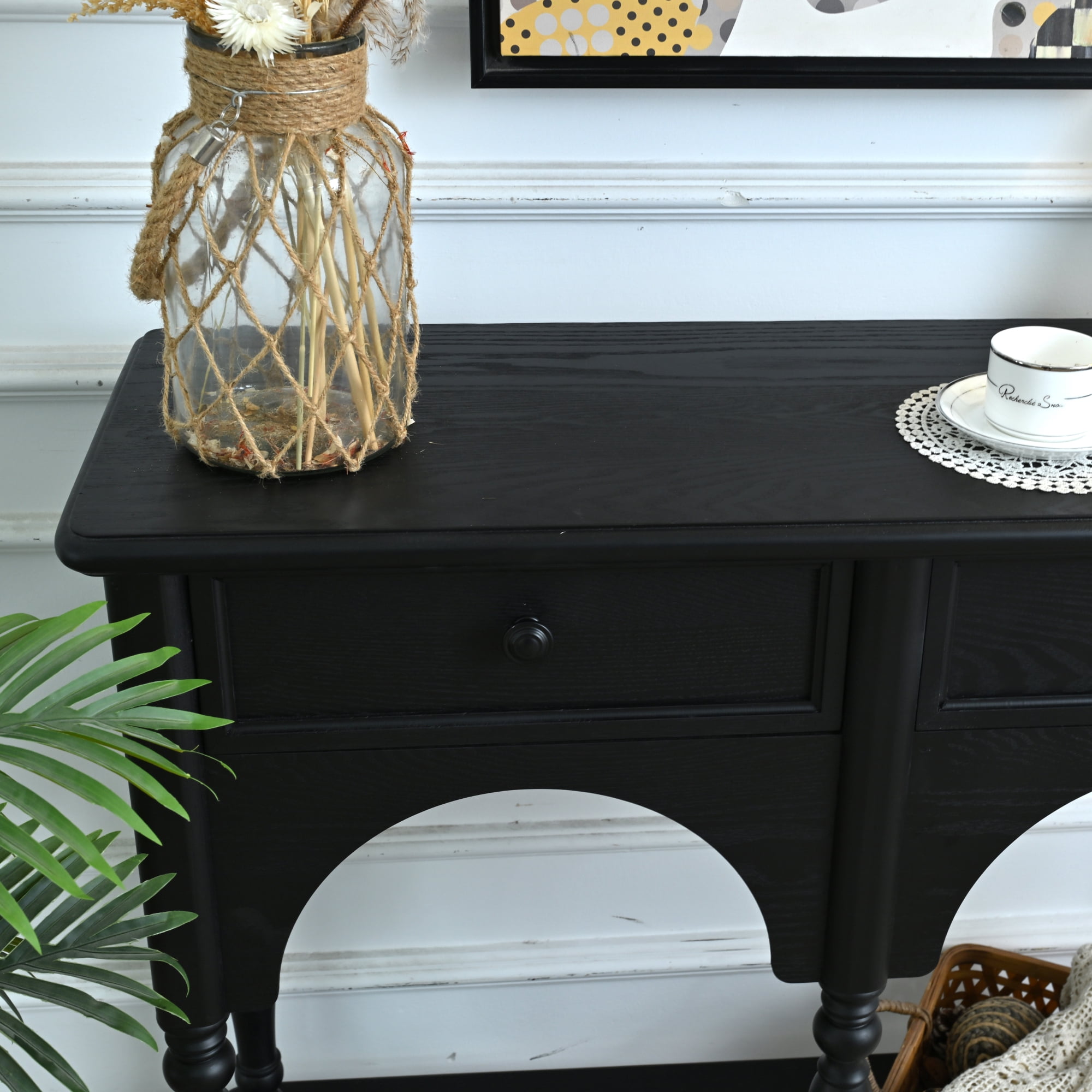 Leumius 39.37" Accent Distressed Black Solid Wooden Table, Classic Arched Design Turned Legs Storage Console Table with Open Shelf and 2 Drawers for Living Room