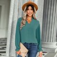 thumbnail image 6 of SWQZVT Women Tops Long Sleeve Button Decoration Solid Color Blouses V-Neck Casual Trendy Ruffle Blue Shirt, 6 of 6