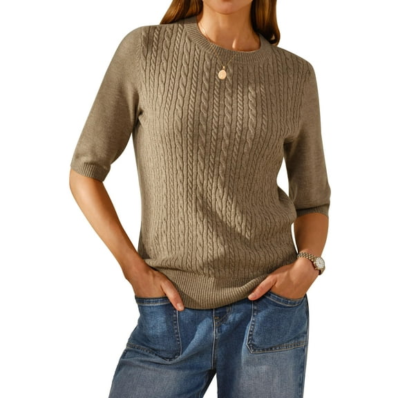Arach&Cloz Women's Wool Blend Old Money Cable Knit Elbow Sleeve Sweaters 2025