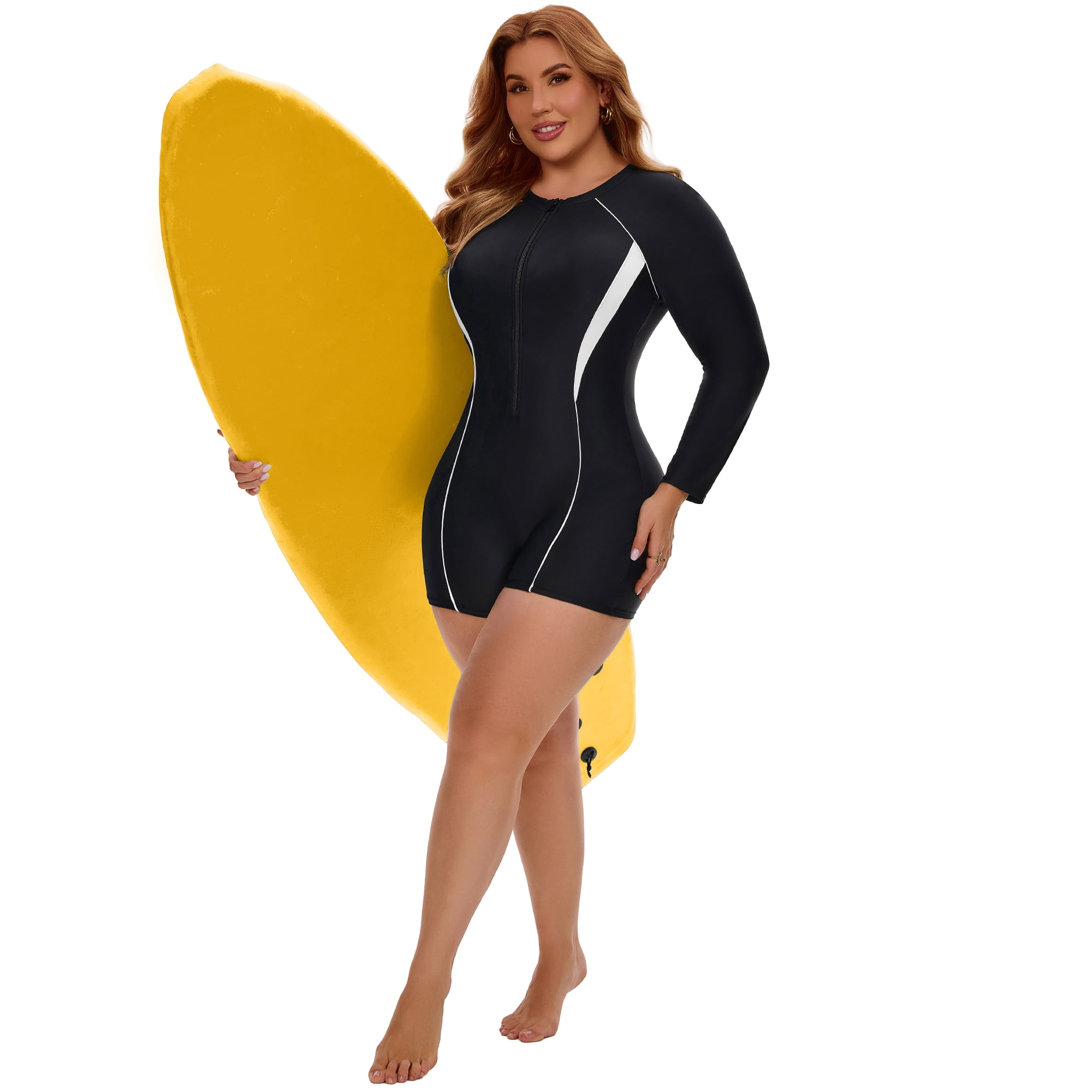 DARING DIVA Women's Plus Long Sleeve Surfing Bathing 1 Suit 1X Black White