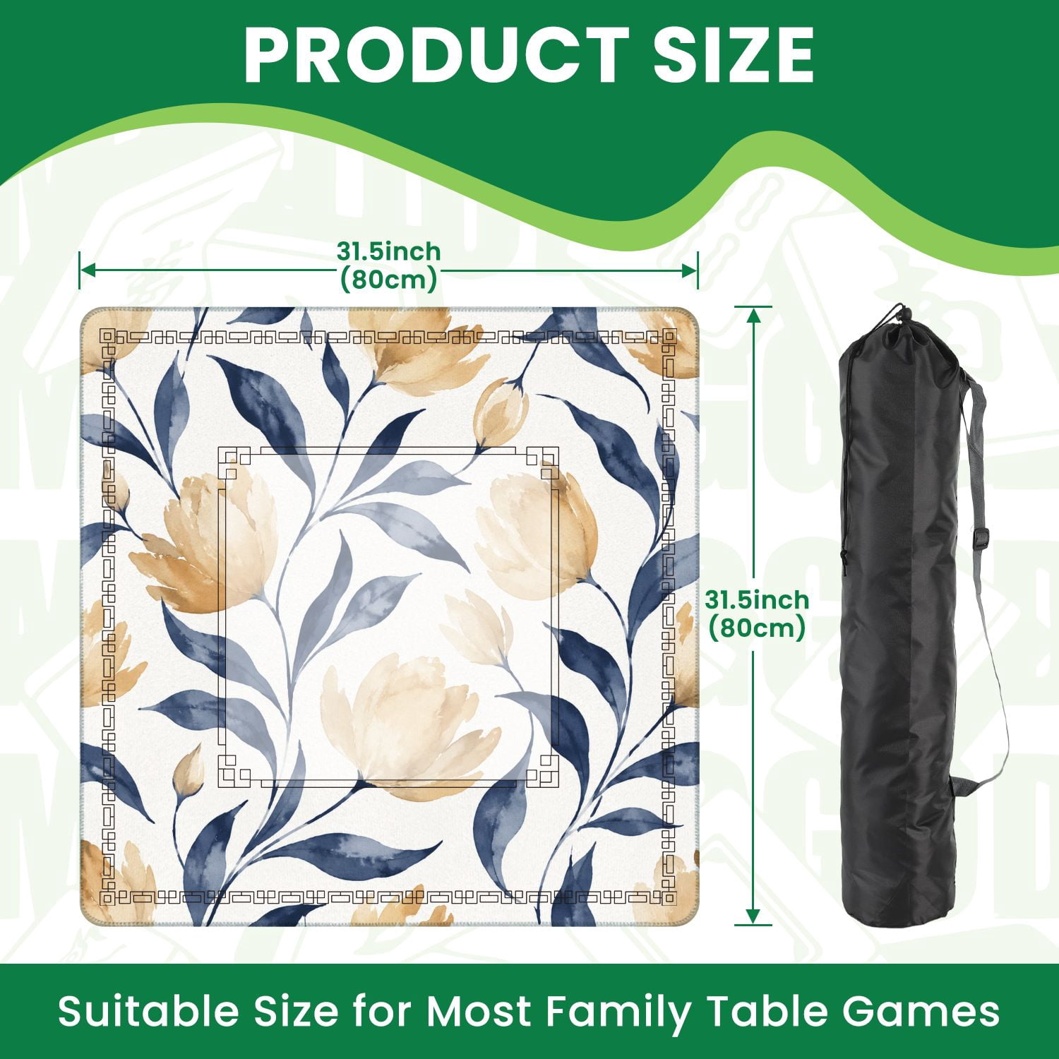 Mahjong Mat 31.5" x 31.5" Elegant Watercolor Floral Beige Tulips Navy Blue Leaves Non-Slip Noise Reduction American Mahjong Tiles Table Cover for Dominoes Poker Card Board Games Gift
