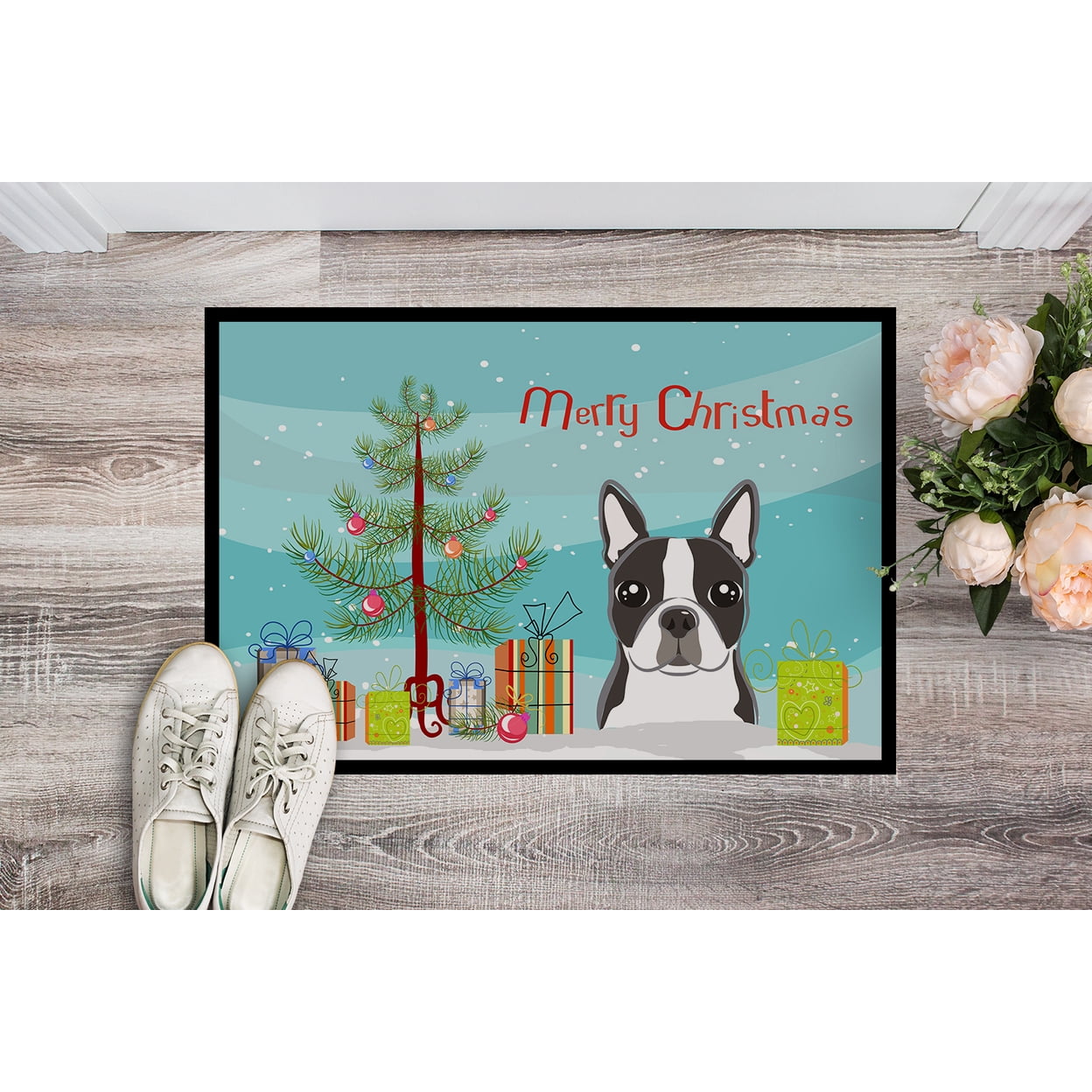 Christmas Tree and Boston Terrier Door Mat