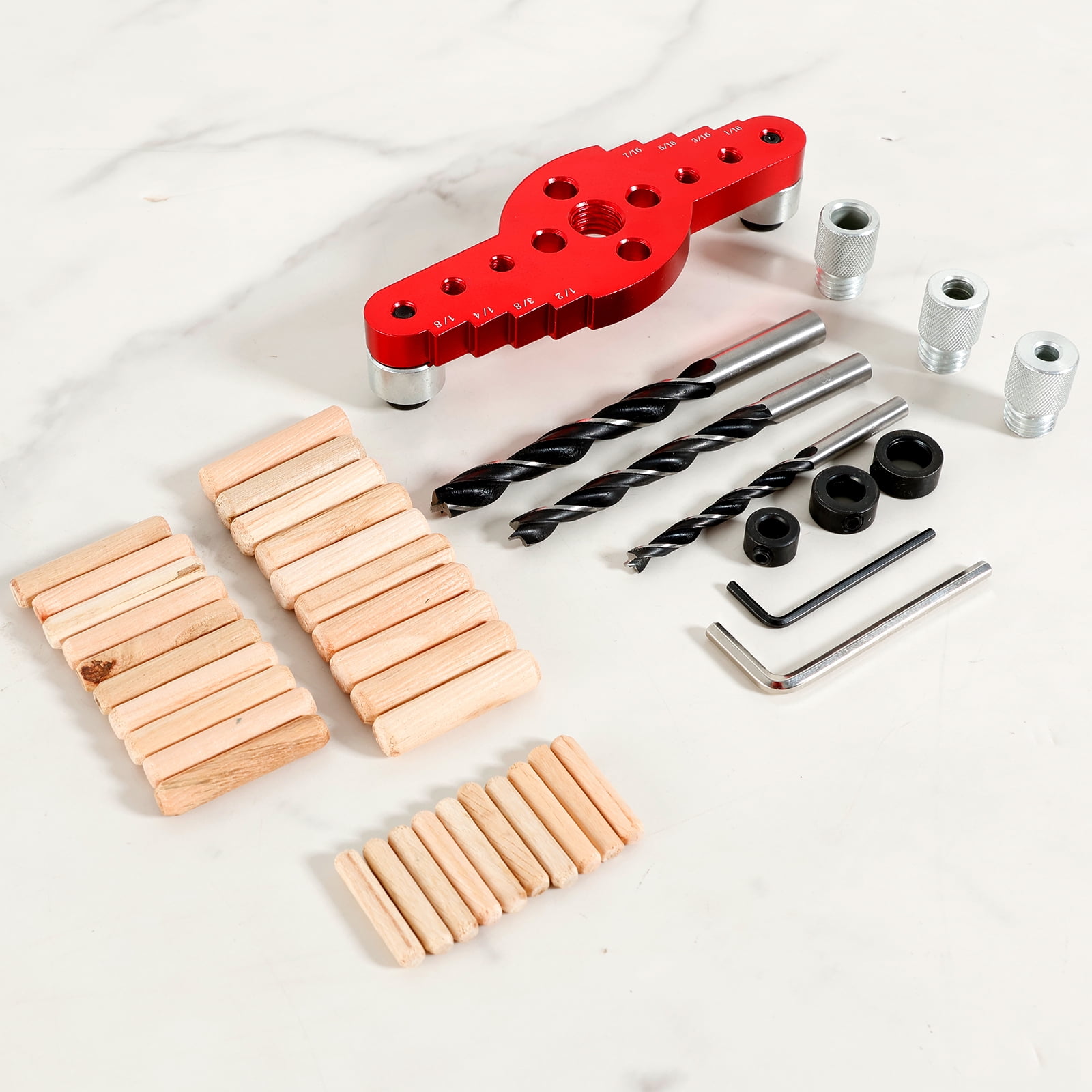 Self Centering Scriber Dowel Jig Kit Aluminum Alloy Vertical Hole Drilling Jig Precise Wood Dowel Drill Guide 2 in 1 Punching Hole Locator with Wood Dowel Pin for Woodworking Drilling