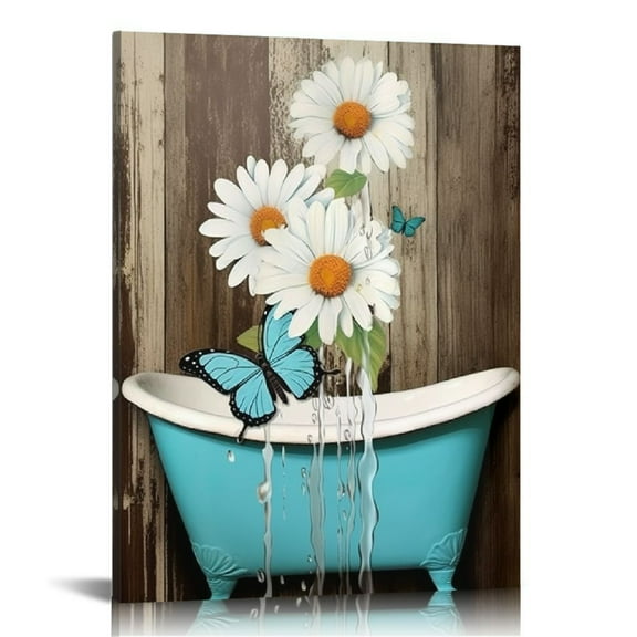 Acheng Rustic Blue Bathroom Wall Art White Daisy Flowers in Bathtub Canvas Prints Retro Floral Picture for Wall decor Ready to Hang 12x16 in