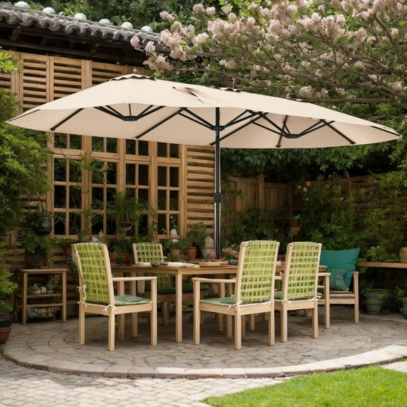 GVN Outdoor Patio Umbrella,Patio Umbrella,15.5 FT Extra-Large Patio Umbrella with LED Solar Lights and Crank Handle-Beige