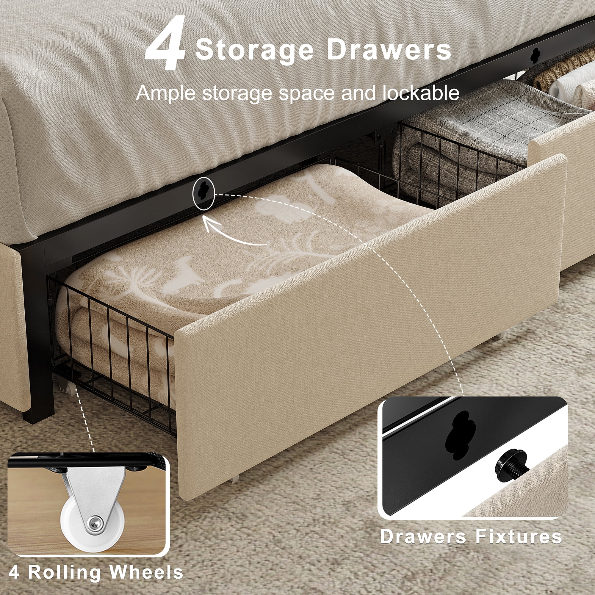 GUNAITO Queen Size Bed Frame with 4 Storage Drawers, Upholstered LED Bed with USB Ports, Modern Bed with Headboard Noise Free Platform Bed with Metal Frame, Beige