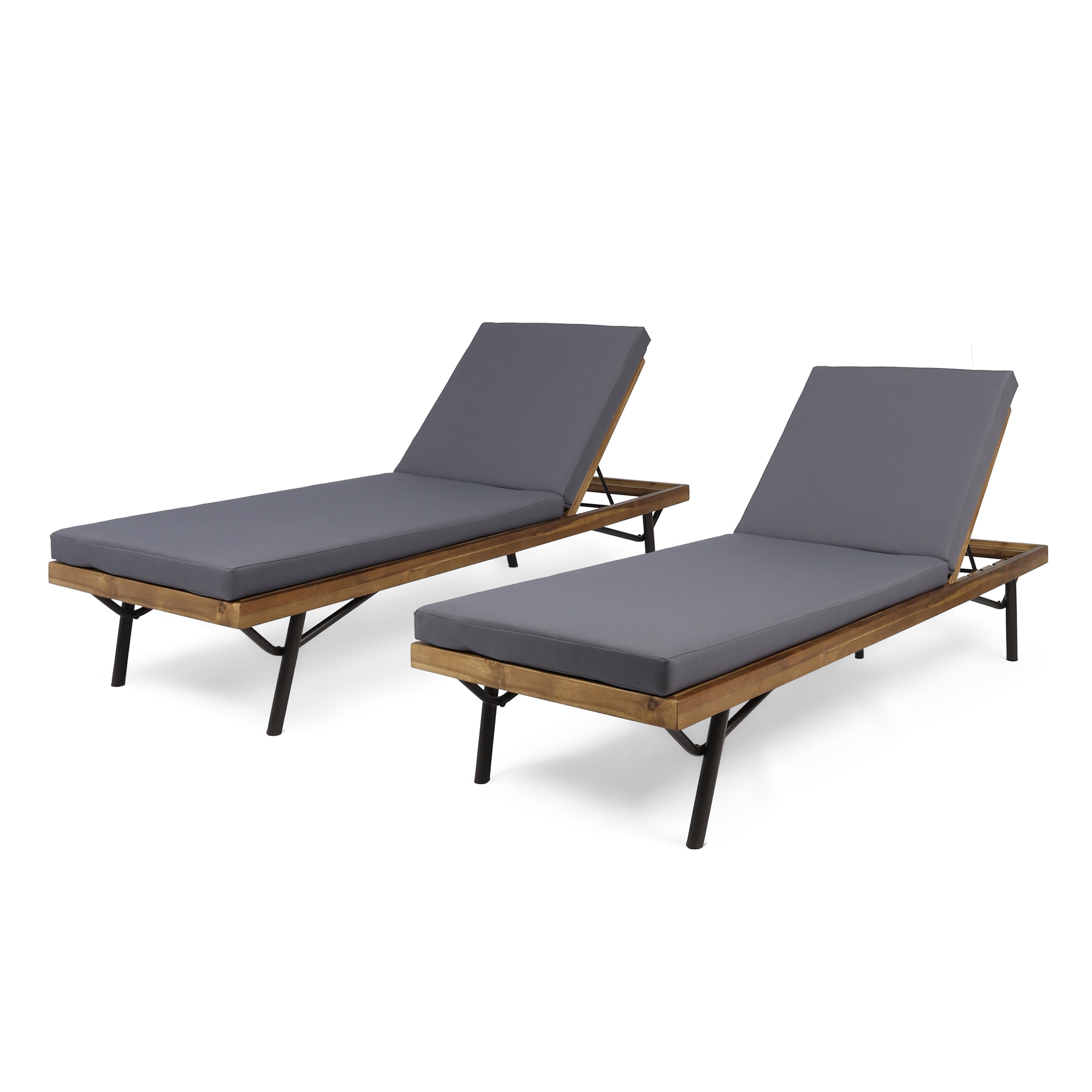 Marc Outdoor Acacia and Eucalyptus Wood Chaise Lounges with Cushions, Set of 2, Teak, Dark Gray, Rustic Metal
