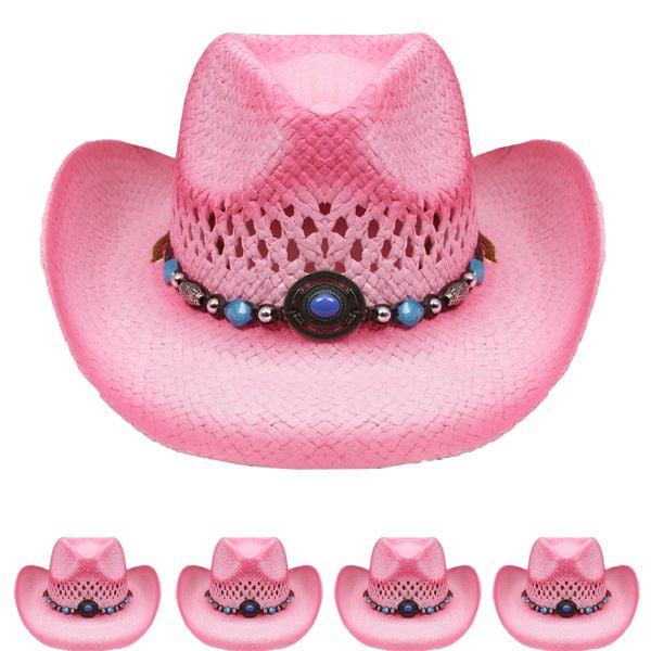 KIDS PINK Tea Stain Straw COWBOY HAT w/ Turquoise Blue Beads WESTERN