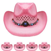 KIDS PINK Tea Stain Straw COWBOY HAT w/ Turquoise Blue Beads WESTERN Cowgirl Children Girls Hat