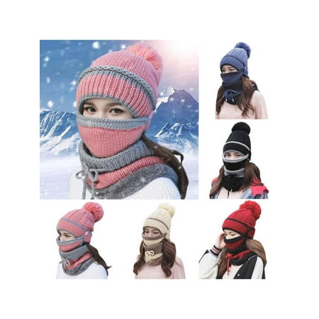 3PCS/Set Women Winter Warm Hat Cap Mask Scarf Neck Thickened Wool Knit Plush