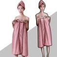 thumbnail image 4 of 3 piezas de baño para mujer, conjunto de envoltura corporal, toalla, albornoz, gorro de secado de cabello, banda para el cabello para salón de belleza, color rosa, 4 of 8