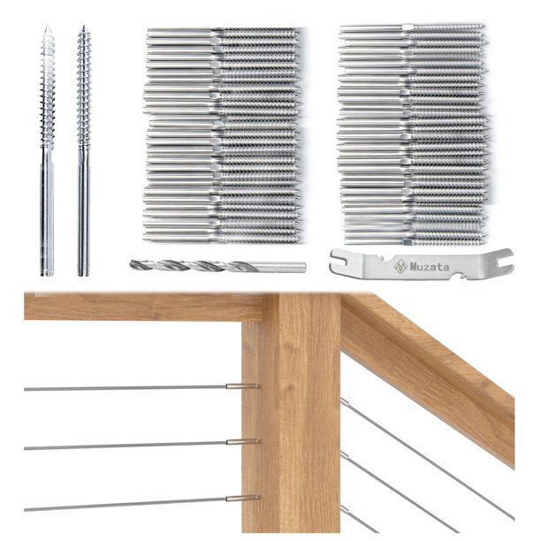 Muzata - Juego De 50 Tornillos Para Barandilla De Cable De 1/8"" Con Rosca Para Zurdos Y Diestros Para Poste De Madera, Sistema De Barandilla De Cable Para Cubierta De Acero Inoxidable T316, 25 Pares