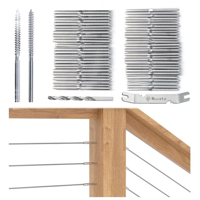 Muzata - Juego De 120 Tornillos Para Barandilla De Cable De 1/8"" Con Rosca Para Zurdos Y Diestros Para Poste De Madera, Sistema De Barandilla De Cable Para Cubierta De Acero Inoxidable T316, 60 Pares