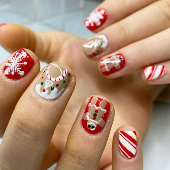 Short Square False Nails Candy House Full Cover Stick on Nails Christmas Press On Nails with Gingerbreads Man Designs