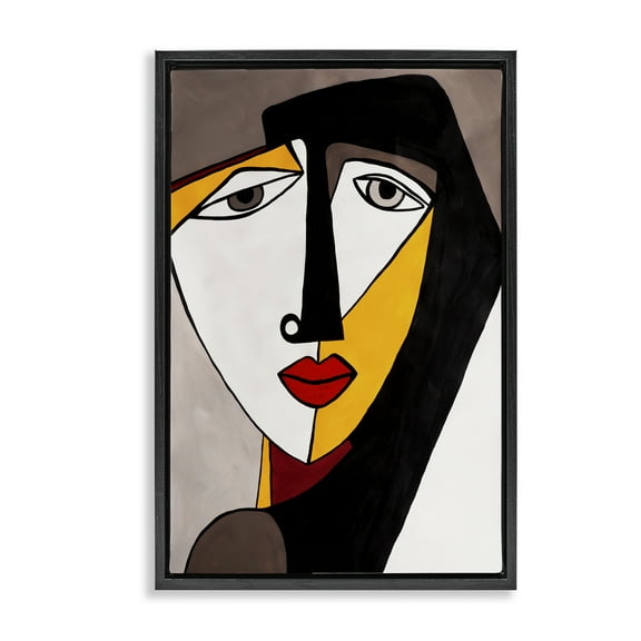 Stupell Industries Cubist Bold Face Abstract Painting Black Floater Framed Canvas Art Print Wall Art, 17 x 25