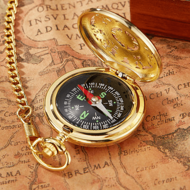 Antique Compass Pendant Quartz Pocket Watch Sliver Case Skeleton
